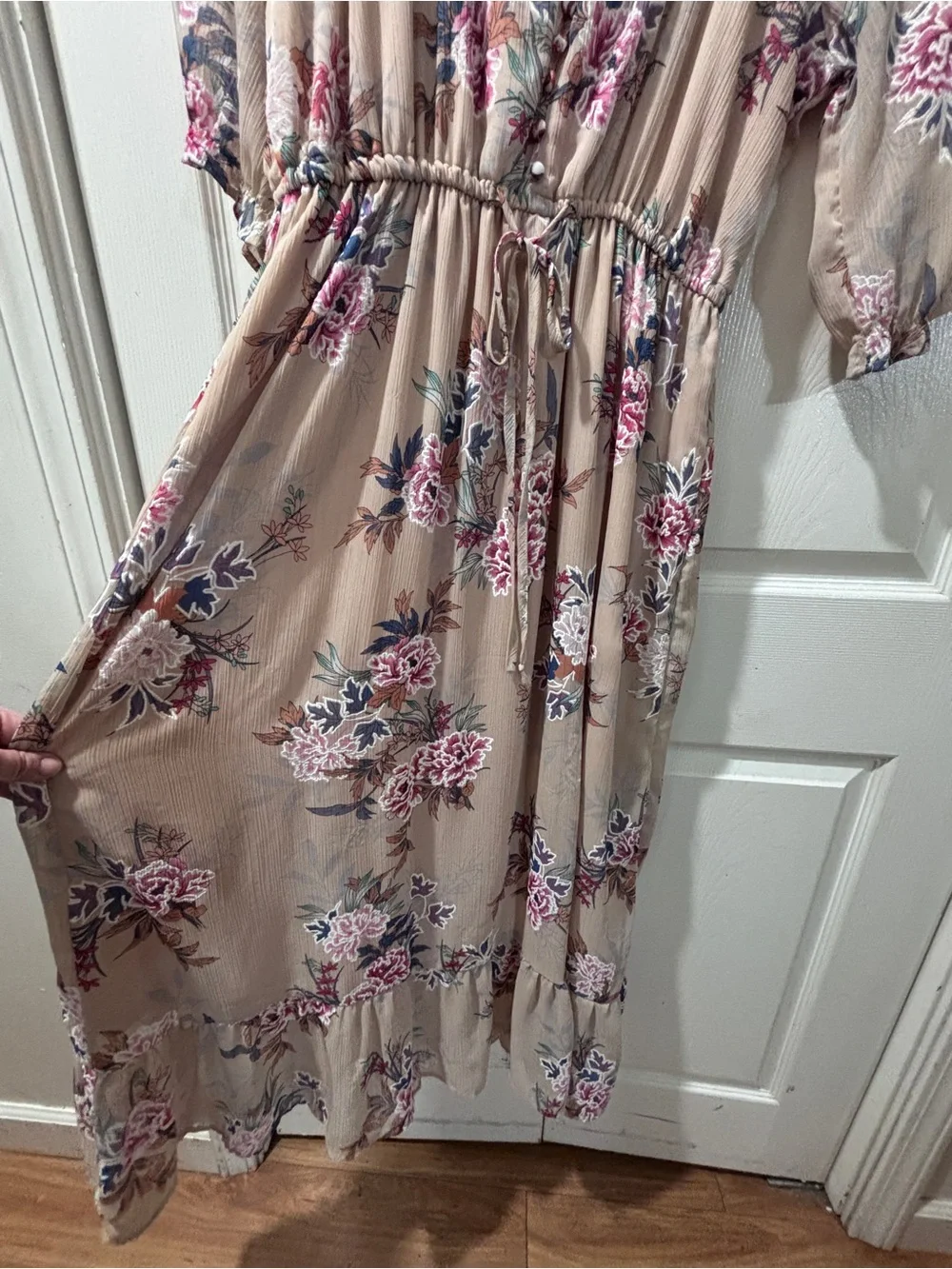 Just Found Floral Maxi Dress Sheer Chiffon Ruffle Hem Neutral Boho Pink Blue